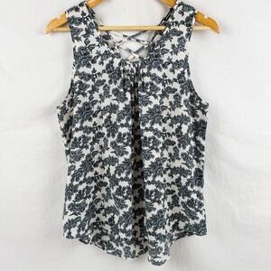 Love Culture Black White Floral Lace Up Front Sleeveless Top Size Large Boho